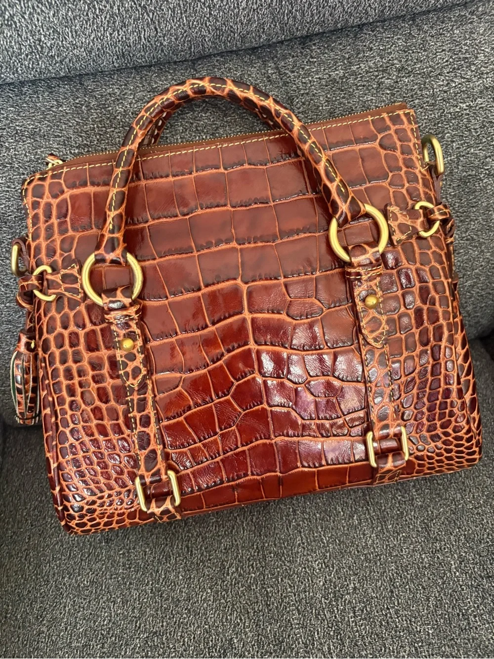 Dooney & Bourke Brown Croco Fino Croc-Embossed Satchel with Gold Hardware